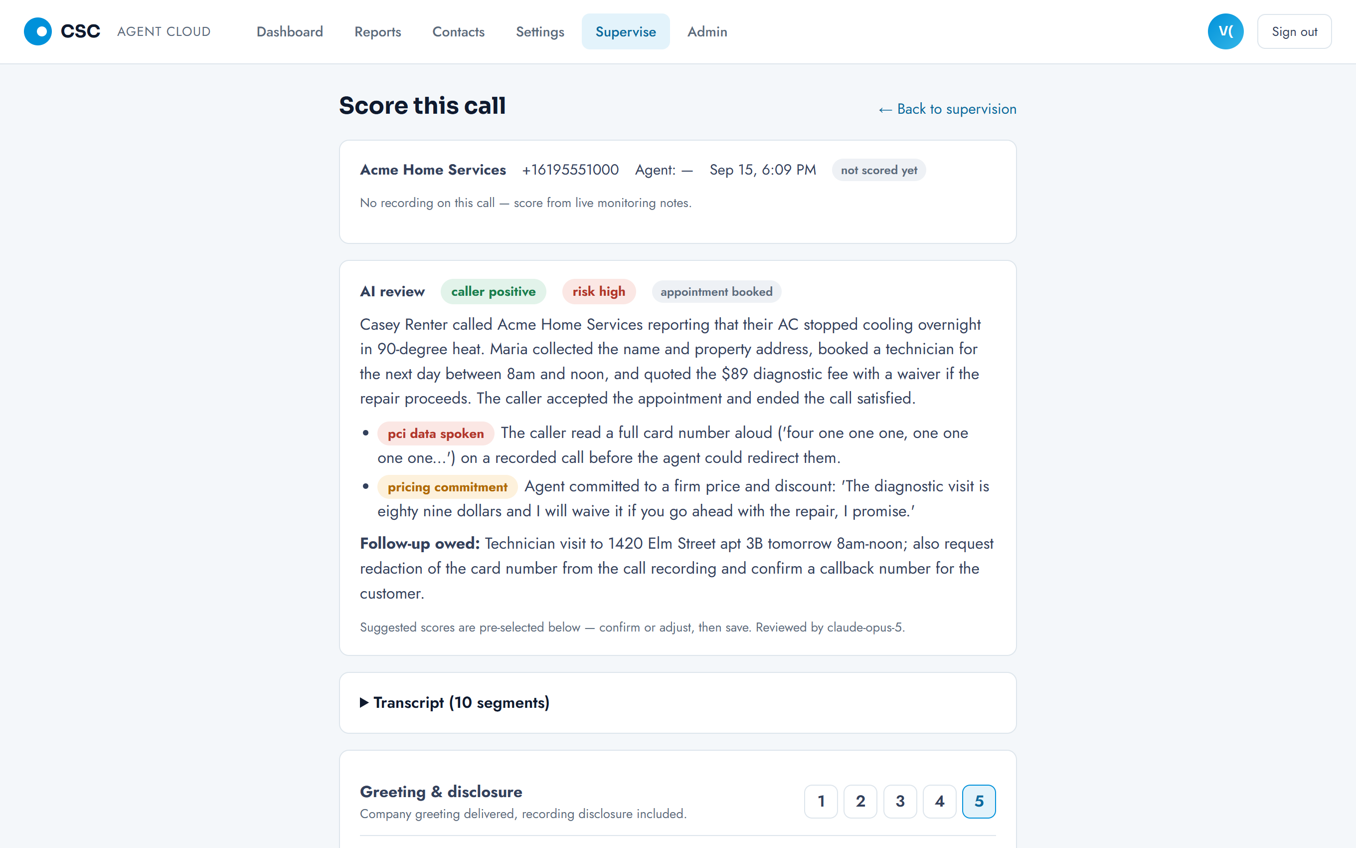 Call review page with the AI summary, compliance flags, suggested rubric scores, and the transcript